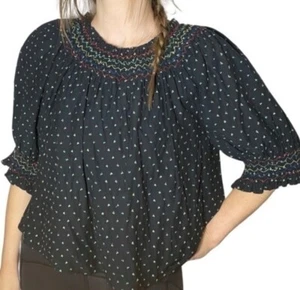 DOEN SAMPLE Arabella Rainbow Embroidered Smocked Puffärmel Top Black Navy S - Bild 1 von 10