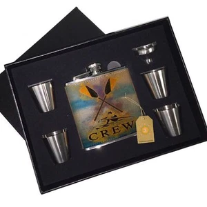 Crew Row Team Leather Flask Black Box Gift Set - Picture 1 of 2