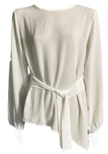 BOOHOO Size 16 Crinkle Polyester Belted Blouse Asymetrical Hem Long Sleeve White - Bild 1 von 12