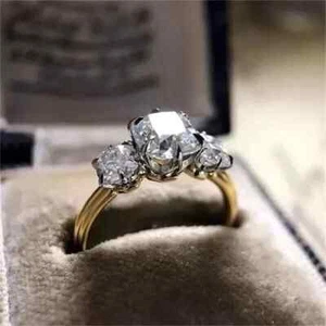 14K Two Tone Gold Plated 2.40Ct Cushion Cut Lab-Created Diamond Three Stone Ring - Picture 1 of 6