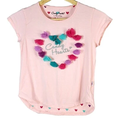 Hartstrings Candy Hearts Girls Short Sleeve Top Pink Large Tulle Round Neck - Image 1 of 4