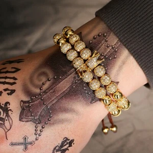 Brazalete ajustable de lujo con corona dorada macramé para mujer y hombre King Queen regalo - Imagen 1 de 21