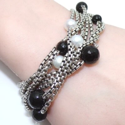 Браслет David Yurman из чистого серебра и 18-каратного золота с несколькими нитями жемчуг оникс FZZ - Изображение 1 из 4