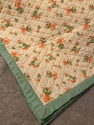 Handmade Machine Sewn Vintage Baby Blanket Mouse Mushroom Turtle Green Borders - Image 1 of 4