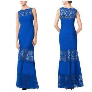 Abito Tadashi Shoji Pintuck Jersey Scollo a Barca Tg M Inserti Pizzo Matrimonio Sera - Foto 1 di 12