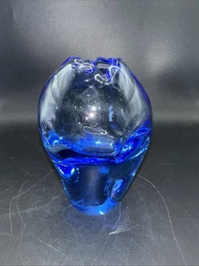 Blue Art Glass Heavy Vase 5” Pinched Edge polished Bottom - Picture 1 of 8