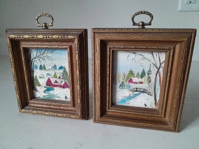 Vintage Set 2 Framed Miniature Acrylic Signed Paintings Scenery Landscapes 5x4 - Image 1 of 4