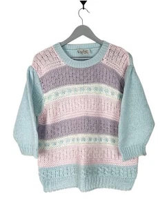 Vintage Pastell Pullover 80er Jahre Puffärmel Gr. Medium Colorblock Fee Rosa - Bild 1 von 6