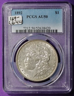 Dólar de plata Morgan 1892.   En soporte PCGS.  AU50.  L644 Foto 1 de 2