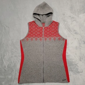 Woolrich Sweater Womens L Gray Red 100% Lambs Wool Zip Hoodie Vest Nordic Knit - Picture 1 of 11