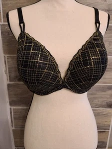 Victoria’s Secret Push Up Bra Women’s Sz 38D Black/Gold Pattern Plaid - Picture 1 of 8