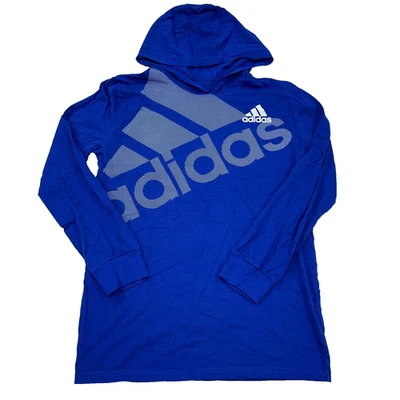 Adidas Shirt Boys Large Blue White Tee Hoodie Hooded Lightweight Youth Kids - Image 1 of 4