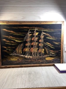 Vintage mexikanisches gerahmtes Gemälde auf schwarzer Samtgaleone Piratenschiff groß - Bild 1 von 18