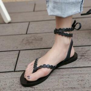 Womens Ladies Leather Weave Thong Ankle Wrap Flip Flops Beach Sandals Shoes MOON