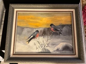 Snowy Winter Landscape with Bullfinches Oil Nature Signed - Picture 1 of 4