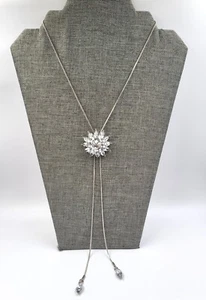 Long CZ Flower Pendant Lariat Necklace Silver Tone Adjustable  - Picture 1 of 8