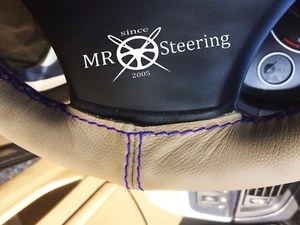 FOR PEUGEOT TEPEE 08-17 BEIGE LEATHER STEERING WHEEL COVER R BLUE DOUBLE STITCH - Picture 1 of 4