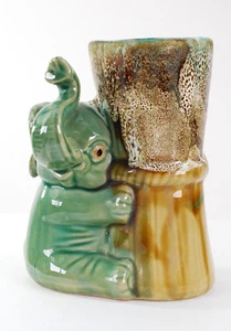 Elephant Ceramic Planter Trunk Up Majolica Style Green Glazed Vintage - Picture 1 of 8