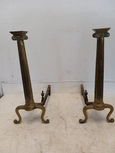 Antique Federal Era Brass Fluted Column Andirons,Scroll Capitals,Queen Anne Legs - Picture 1 of 9