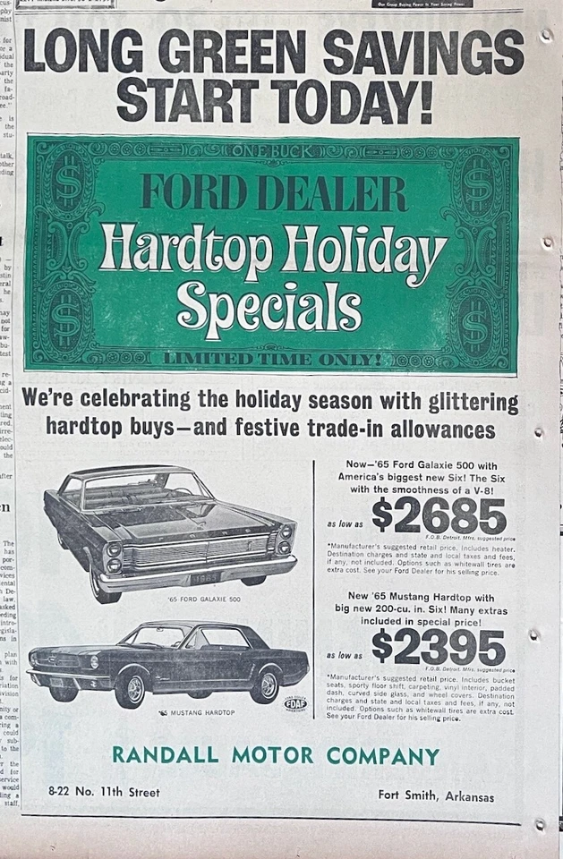 1964 newspaper ad for 1965 Ford - Hardtop Holiday Savings, Mustang, Galaxie 500 - Image 1 of 1