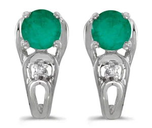 10k White Gold Round Emerald & Diamond Earrings E2583W-05 - Picture 1 of 1