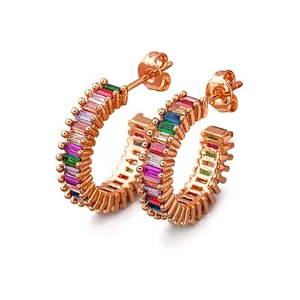 18k Rose Gold Plated Emerald Cut Rainbow CZ  Hoop Earrings Made With Swarovski  - Picture 1 of 5