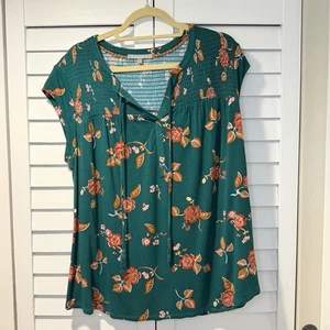 Blusa para mujer Daniel Rainn 1X Plus floral ajustada verde azulado cuello borla - Imagen 1 de 15