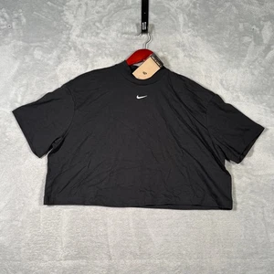 Nike T Shirt Womens Large Black Crop Top Center Swoosh Boxy Mock Neck Oversized - Picture 1 of 9