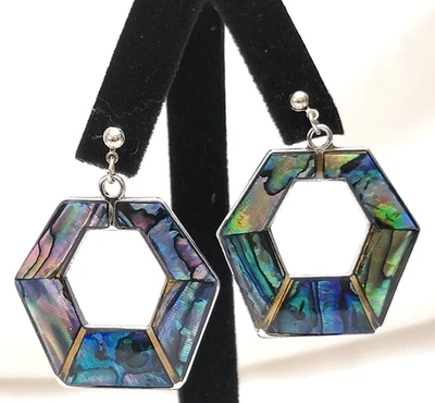 Geometric Hexagon Blue Abalone Shell Silver Tone Dangle Drop Earrings 1.25" H - Image 1 of 4