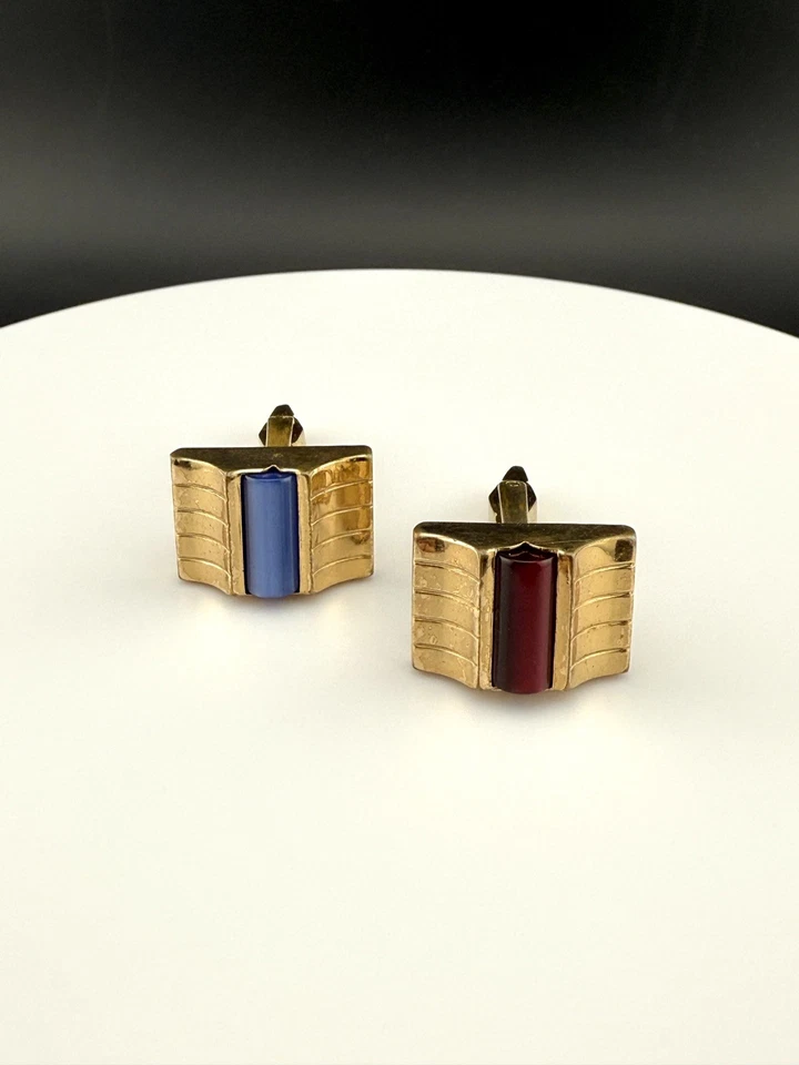 Gemelos Kreisler vintage años 40 rojo azul vidrio cabujones mediados de siglo modernos Foto 1 de 4