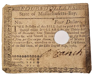 Fr. MA-281 May 5, 1780 $4 Massachusetts Colonial Note-Cancelled-Free USA Ship! - Picture 1 of 2