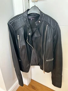 Ladies faux leather collarless biker jacket size 8 Bla - Picture 1 of 5