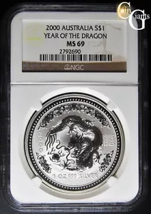 2000 Year of the Dragon $1 Australia NGC MS-69 RARE 1 OZ .999 Silver MS69 Lunar - Picture 1 of 4