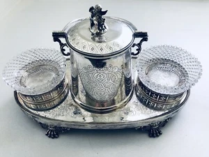 Silver Plate Engraved Butler Biscuit Barrel/Canister w/ Glass Jelly/Butter Bowls - Picture 1 of 12