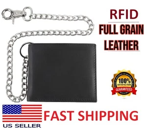 RFID Blocking Men's bi-fold Style Cowhide Leather Steel Chain Wallet, black - Picture 1 of 6