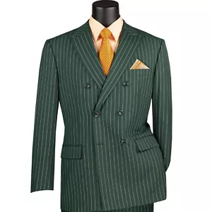 VINCI Men's Green Pinstripe Double-Breasted 6-Button Classic Fit Suit - NEW - Picture 1 of 3