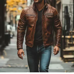 Men's Vintage Brown Leather Jacket - Biker Style, Slim Fit, Retro Distressed Fin - Picture 1 of 3