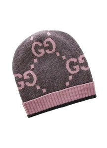 GUCCI Intarsia Knit Logo Grey & Pink Cashmere Hat Size M - Picture 1 of 14