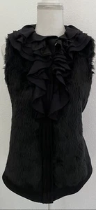 Women’s T Tahari Black Faux Fur Vest Ruffle Neck Size S - Picture 1 of 6