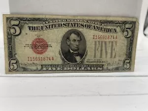 1928-F Five Dollar Red Seal Note United States Note Old US Bill $5 - Picture 1 of 6