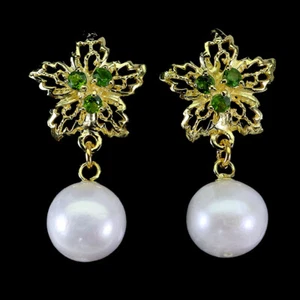 Summer 925 Silver Earrings Chrome Diopside Pearl Gemstone Flower Jewelry - Picture 1 of 13