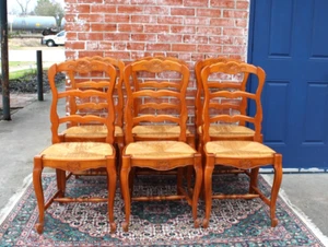 Set of  6 French Louis XV  Antique Oak Rush Seat Dining Chairs - Picture 1 of 8