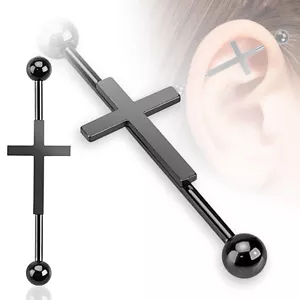 Cross Design 316L Surgical Steel Industrial Barbell 1.5" 14g or 16g - Picture 1 of 7