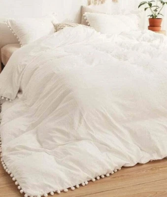 White Pom  Pom Linen Bedding Set Queen Comforter Twin Full Queen King Duvet Set - Image 1 of 2
