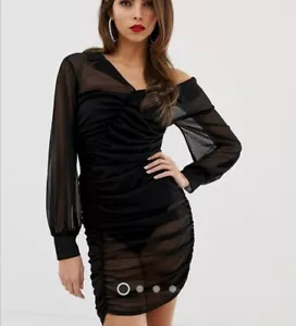 ASOS DESIGN Black ruched sheer shirt mini dress size 10 RRP £38 - Picture 1 of 4