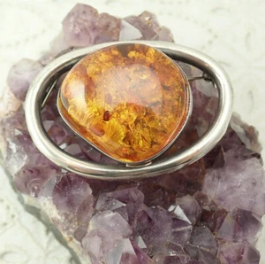 Vintage Signed 35 mm Domed Amber Sterling Silver Pin Brooch Weighs 21.8 Grams - Picture 1 of 9
