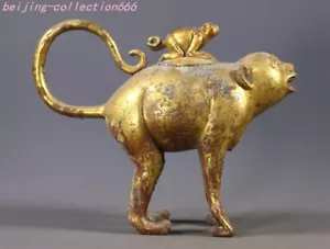 7.4"Rare Chinese ancient Bronze ware Gold monkey Wine Vessel Wineware Zun pot - Picture 1 of 9