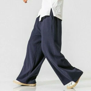 Pantalones largos sueltos de lino para hombre con bolsillo de pierna ancha pantalones bootcut cintura elástica negros - Imagen 1 de 17