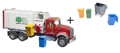 Camión de basura Bruder 02811 MACK de carga lateral de granito + botes de basura gratis #02811 Foto 1 de 2