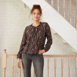 Knox Rose Damen Bluse schwarz Blumen Mosaik Print Langarm Boho Oberteil M - Bild 1 von 1